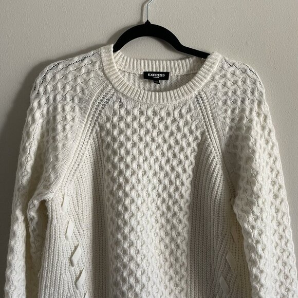 Express London Women XS Ivory Lace-Up Details Cable Knit Crew Neck Tunic Sweater - Picture 6 of 10